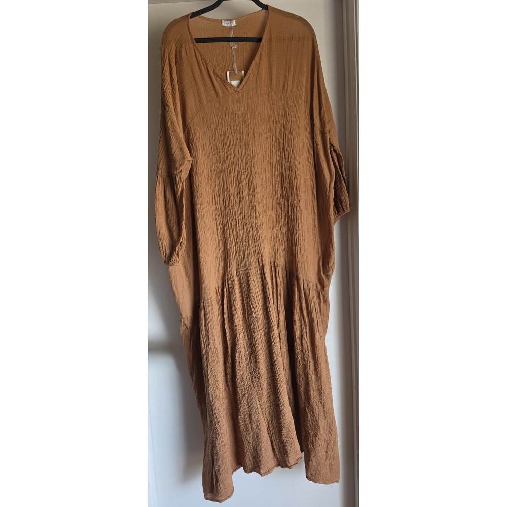 NWT Suzy D London Maxi Dress M/L Tobacco V-Neck 3/4 Sleeve Boho Cotton Gauze